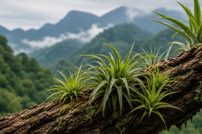 Tillandsien wachsen auf einem bemoosten Baumstamm vor einer tropischen Berglandschaft im Hintergrund.