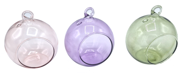 3 hängende Glaskugelvasen Durchmesser 8 cm (grün, lila, pink)
